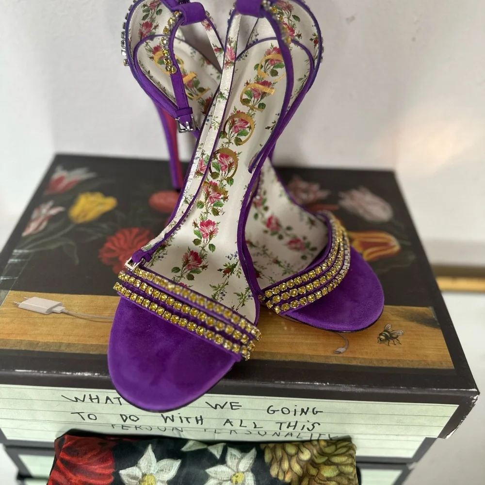 Gucci Kid Scamosciato Crystal Ankle Strap High Heel - Picture 4 of 5
